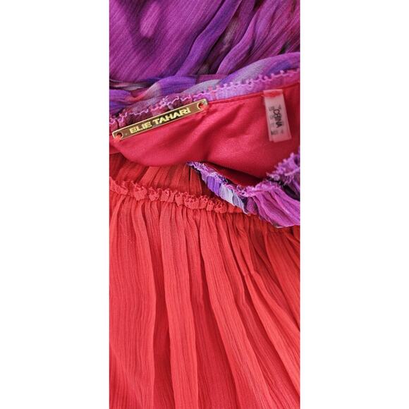 ELIE TAHARI 100% Silk Red Purple Abstract Fit & Flare Midi Dress Flowy Lined 4‎ - Picture 4 of 4